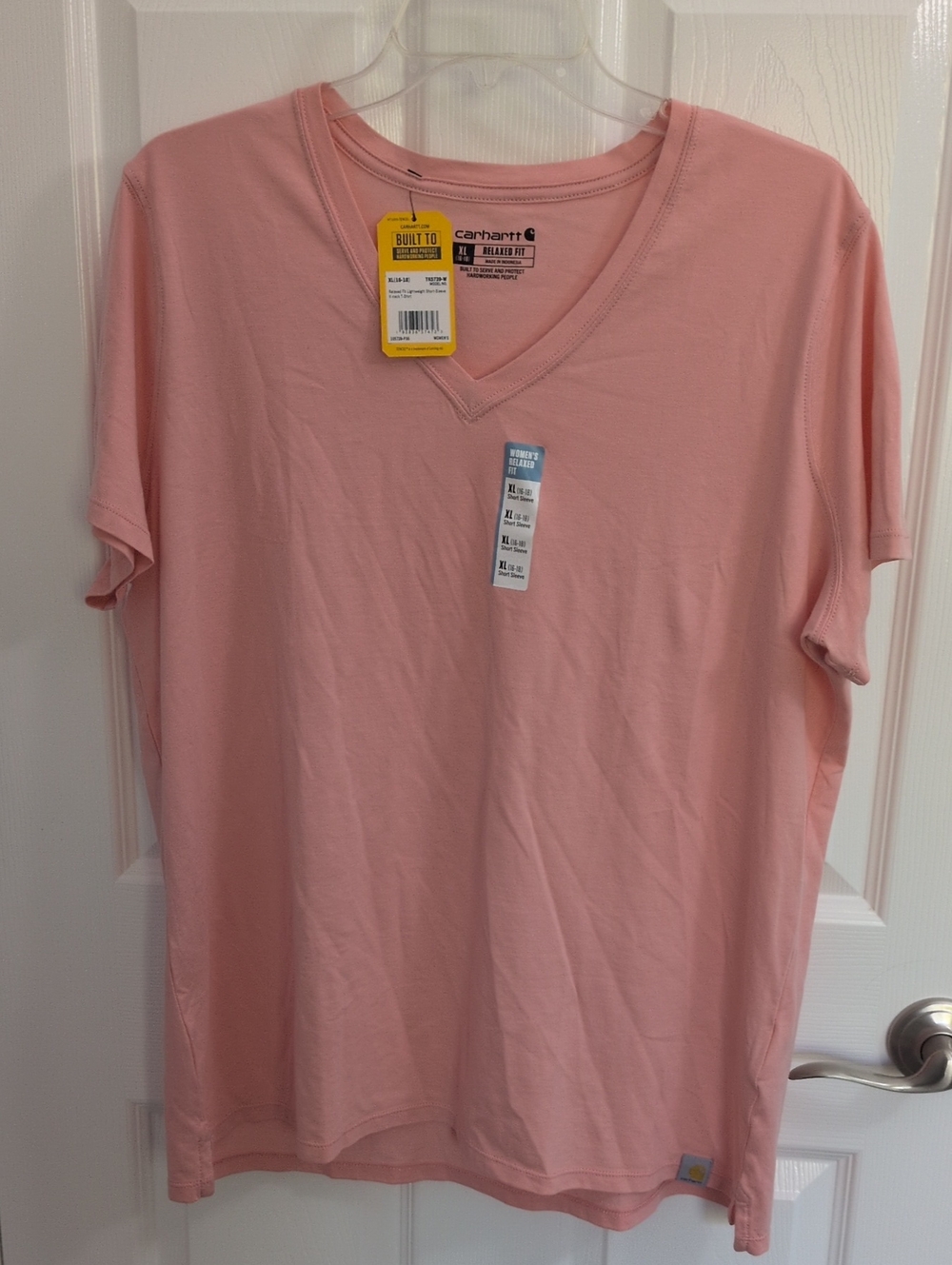 NWT Carhartt Women's Relaxed Fit Short Sleeve V Neck Tee - Peach Pink - XL